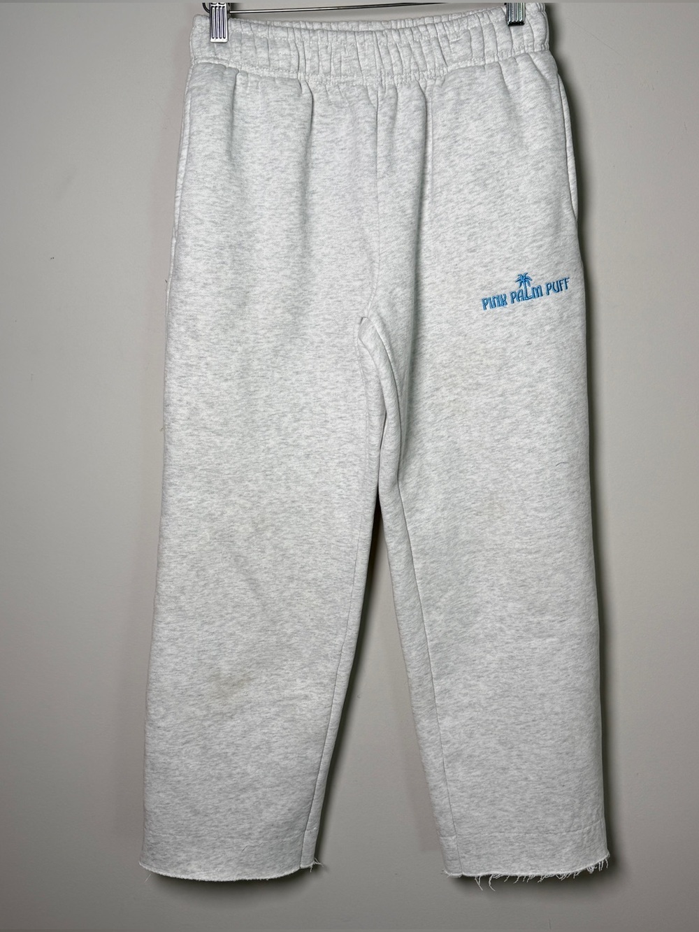 Pink Palm Puff Wide Leg Sweatpants Heather Gray Blue Raw Hem SR